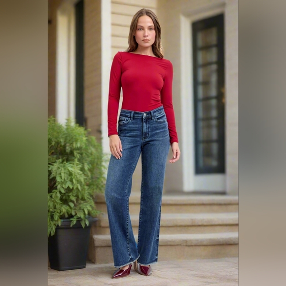 Judy Blue Mid-Rise Straight Leg Boyfriend Relaxed Jeans Raw Hem Denim Pants - Picture 4 of 16